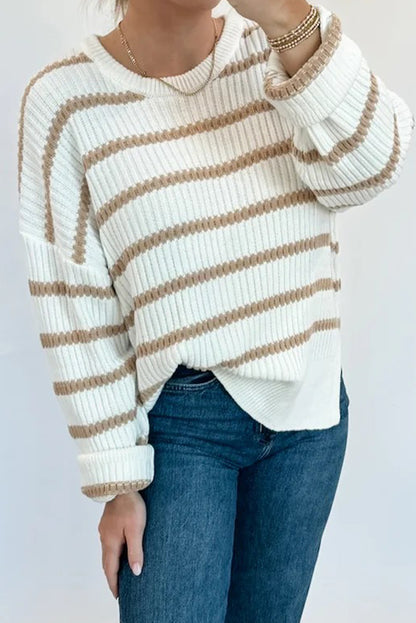 Khaki Stripe Ribbed Knit Drop Shoulder Loose Sweater