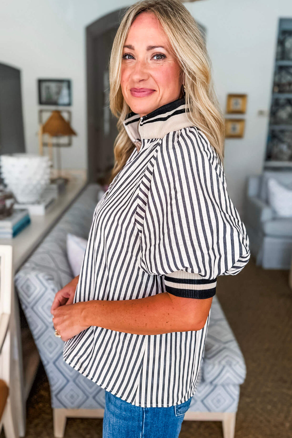 Black Stripe Contrast Webbing Patchwork Half Zip Short Puff Sleeve Blouse