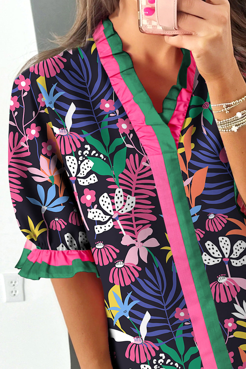 Rose Floral Print Frilled Contrast Striped Trim V Neck Short Sleeve Blouse