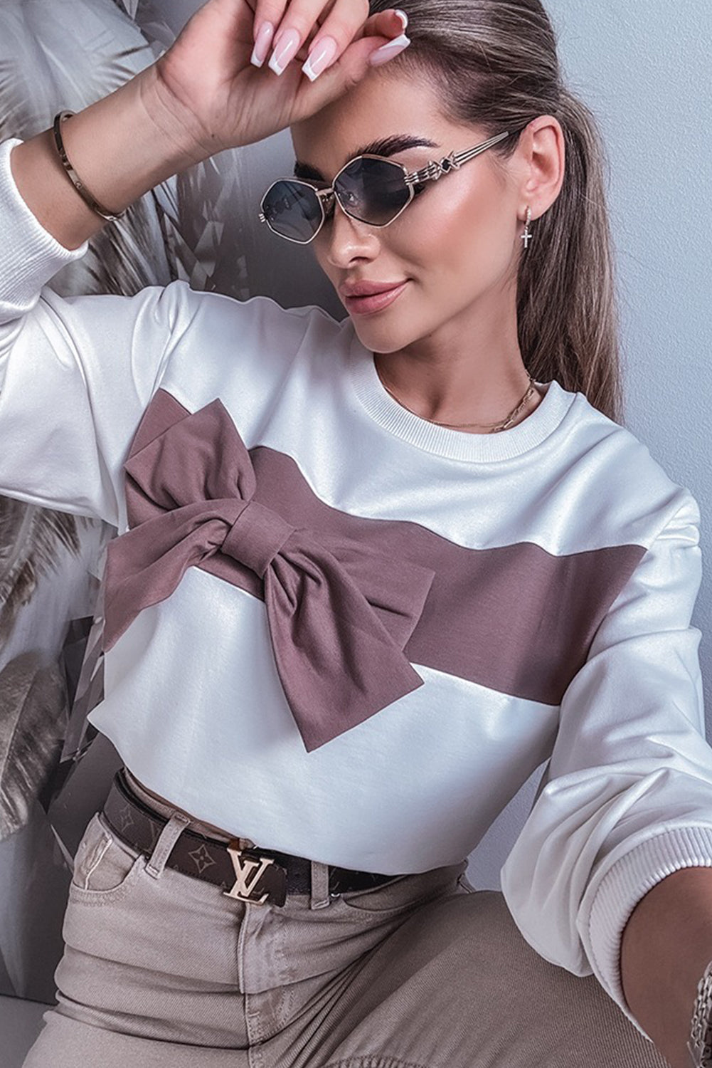 White Color Block Ribbon Bow Patchwork Crew Neck Sweatshirt