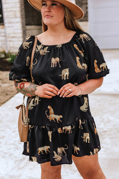 Cheetah Wonderland Plus Size Mini Dress with Puff Sleeve Flair
