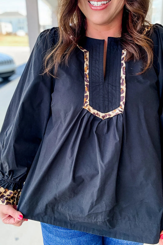 Black Plus Size Split Neck Leopard Trim Flounced Long Sleeve Blouse