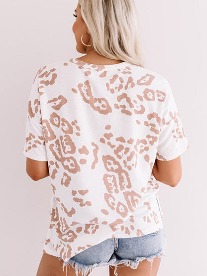 White Leopard Print V Neck Short Sleeve Plus Size Top
