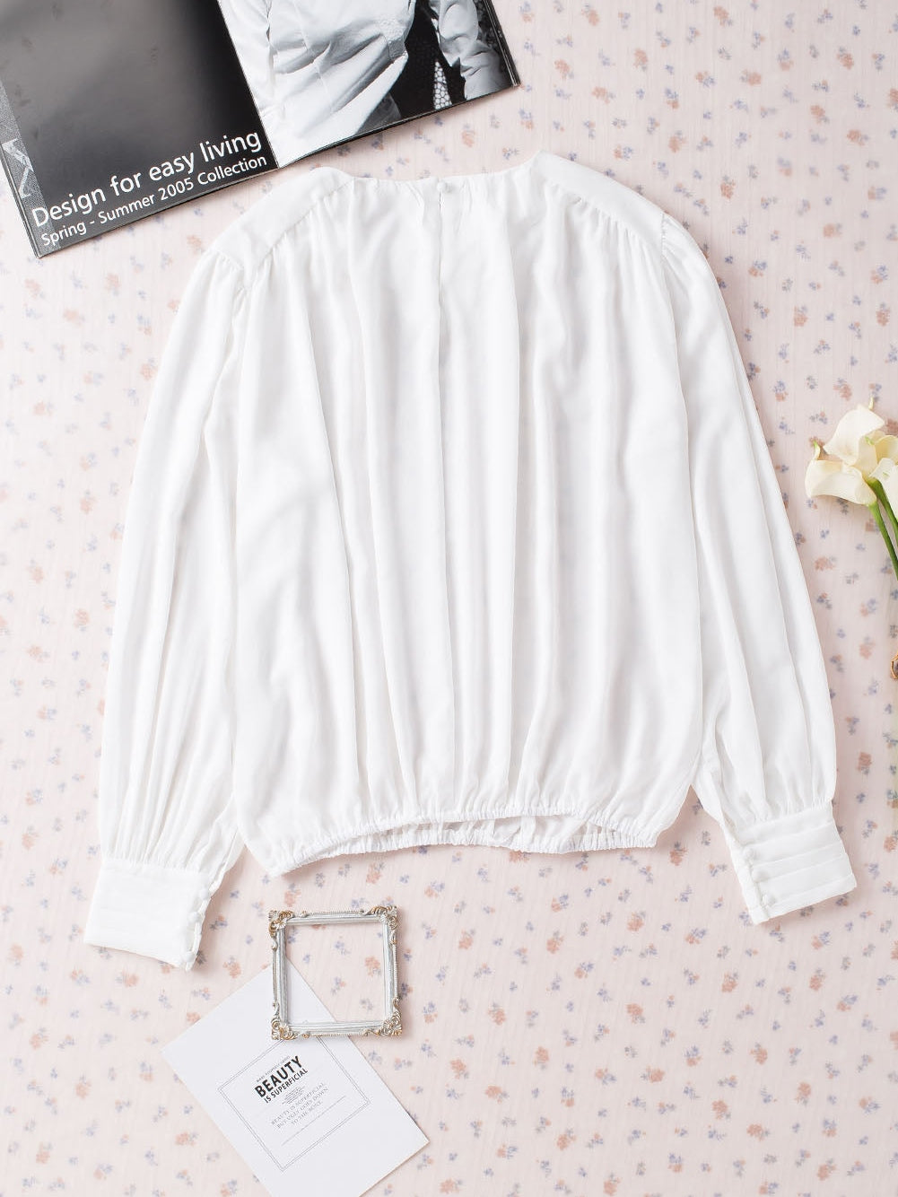 Elegant White Pleated Blouse with Puff Sleeves