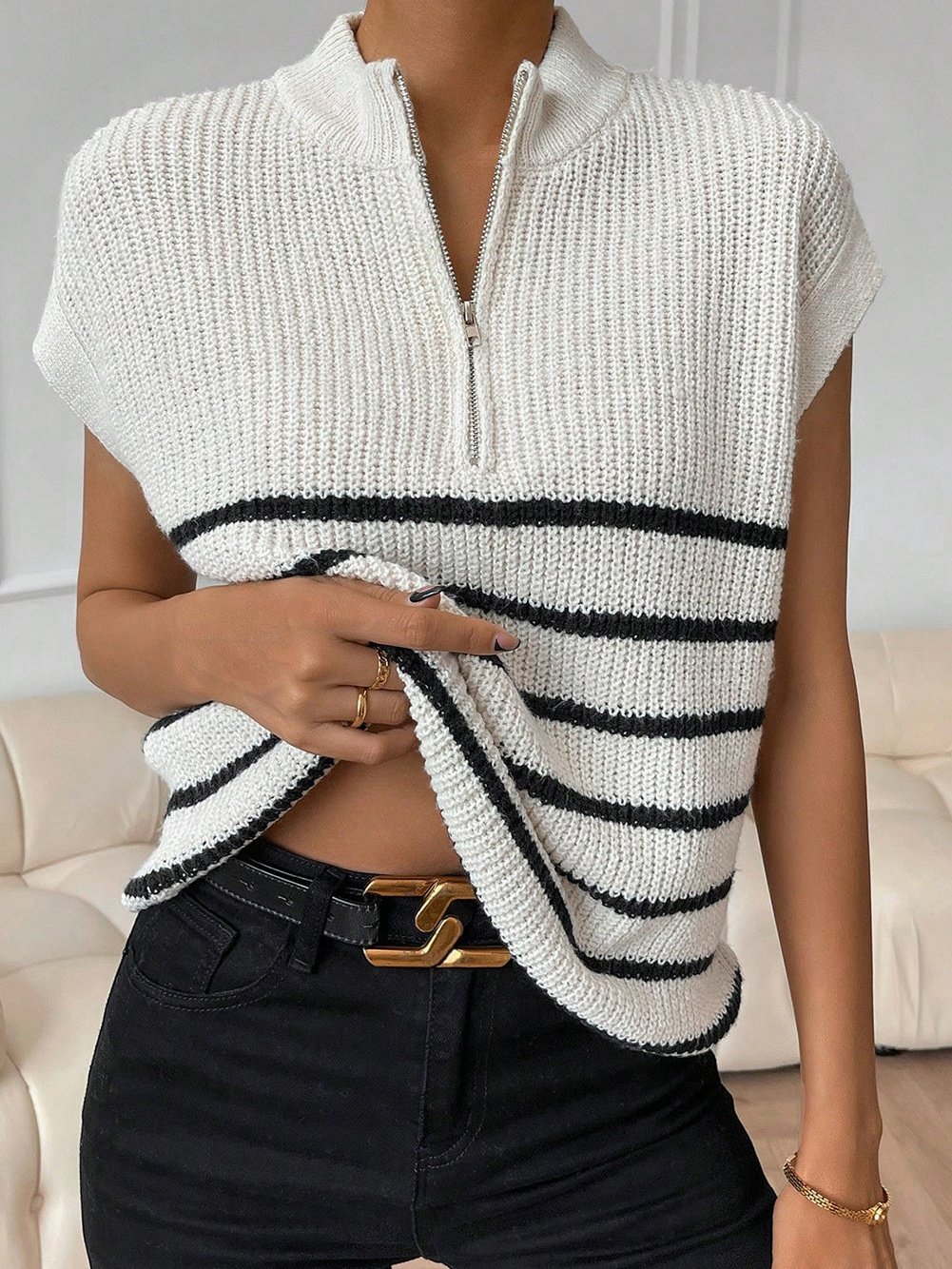 Elegant White Striped Half Zip Stand Neck Sweater Tee