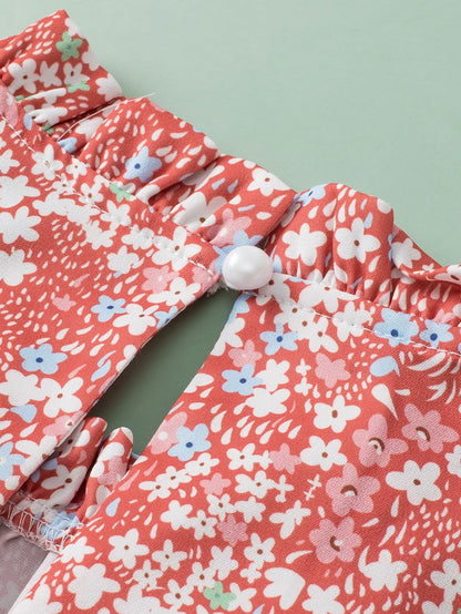 Pink Plus Size Floral Print Ruffled Sleeve Frilled Neck Blouse