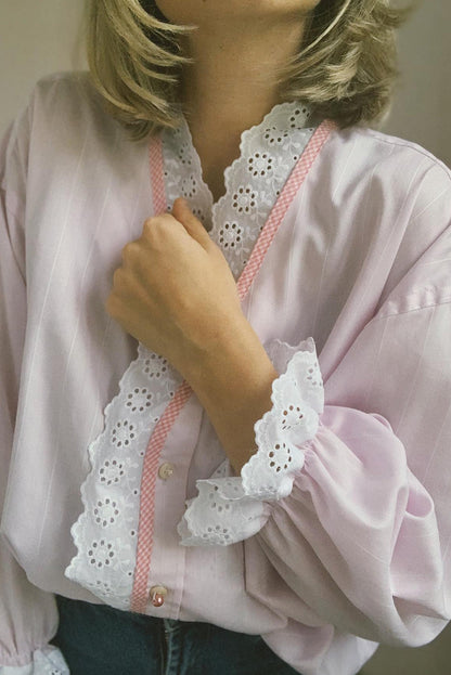 Light Pink Lace Patchwork Puff Sleeve Shirt
