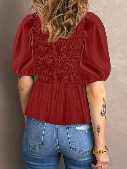 Fiery Crimson Smocked Peplum Blouse