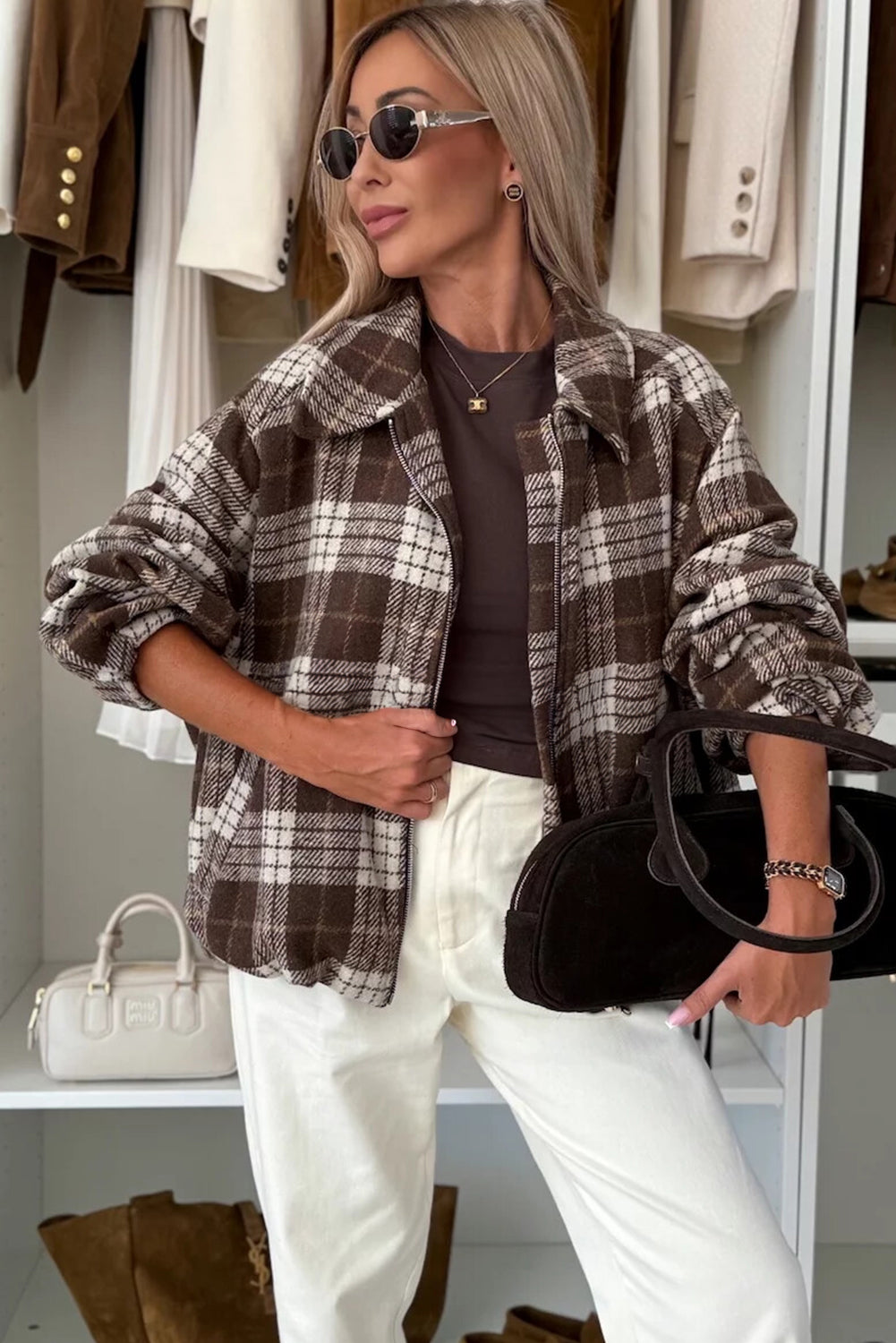 Dark Brown Grid Zipped Front Loose Casual Jacket