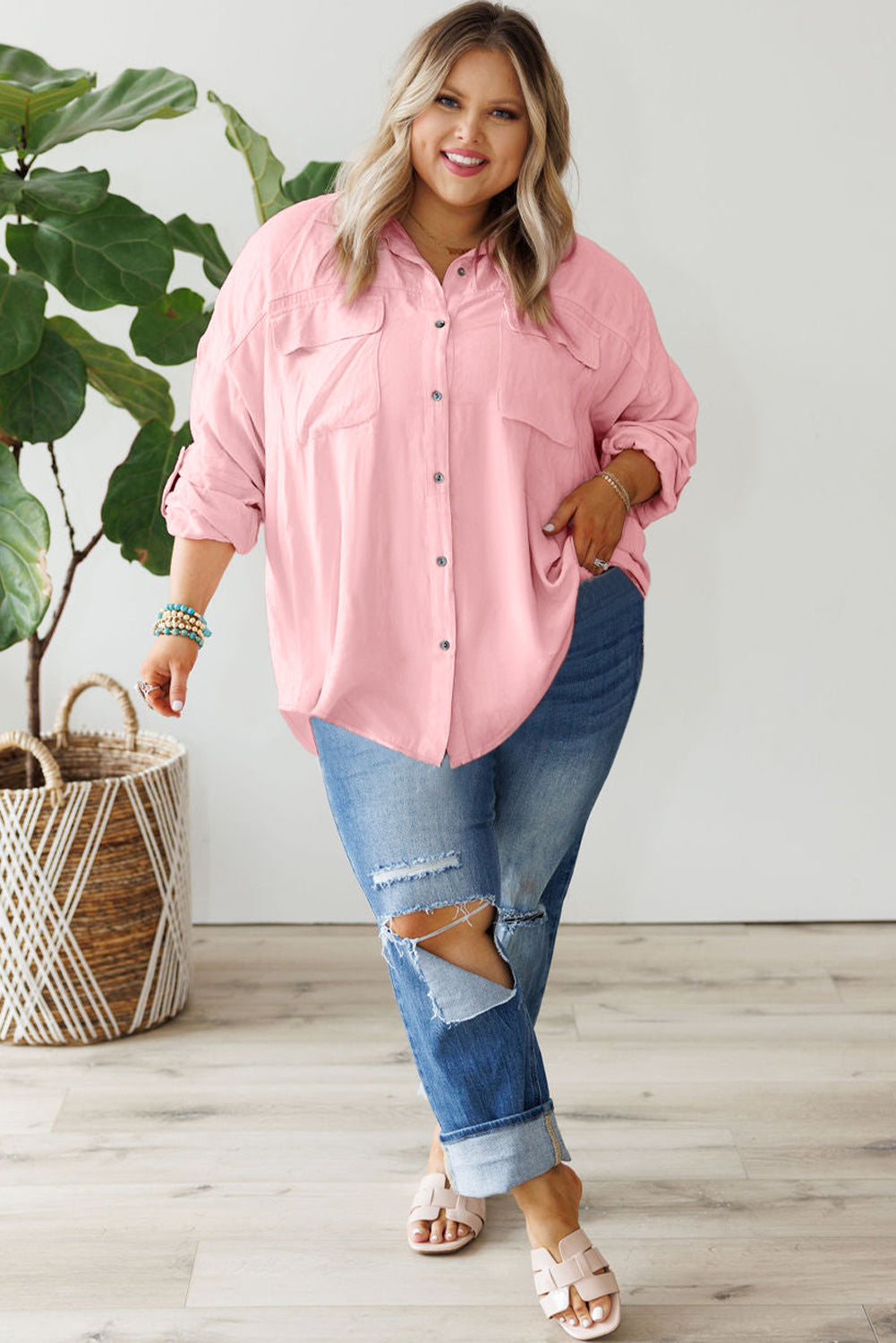 Rose Pink Roll-Tab Sleeve Plus Size Button-Up Shirt