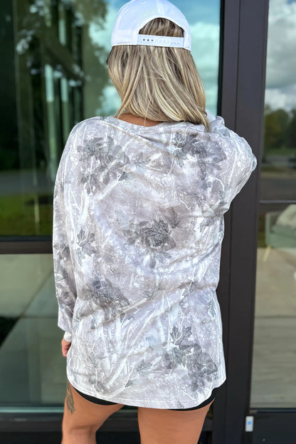 Gray Leafy Abstract Print Round Neck Long Sleeve Tunic Top