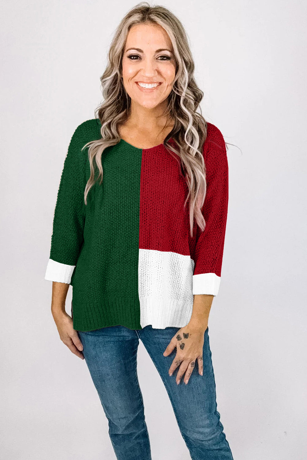 Evergreen Color Block Knit V Neck Loose Sweater