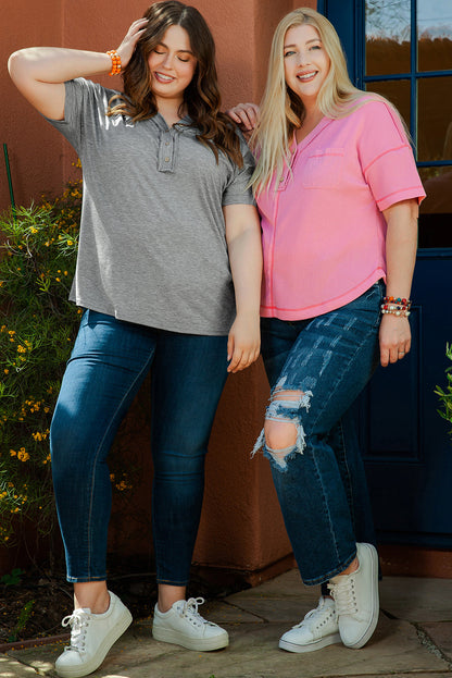 Chic Gray V Neck Batwing Sleeve Plus Size Top