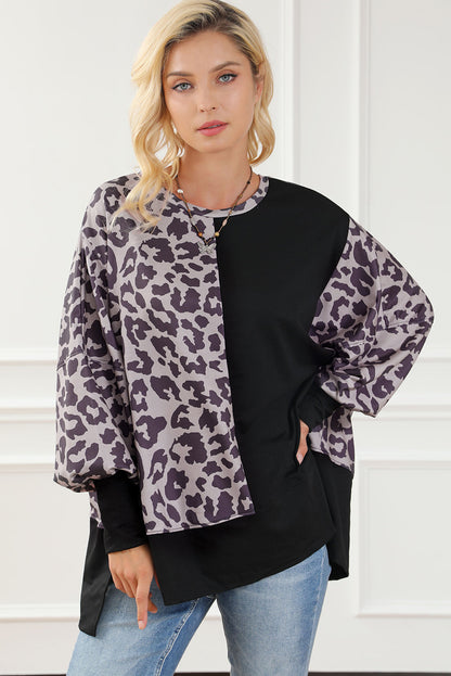 Elegant Black Leopard Print Bishop Sleeve Slit Top