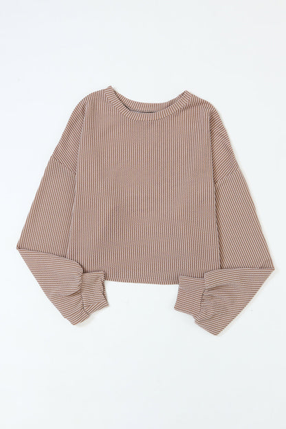 Khaki Corded Drop Shoulder Puff Sleeve Casual Top