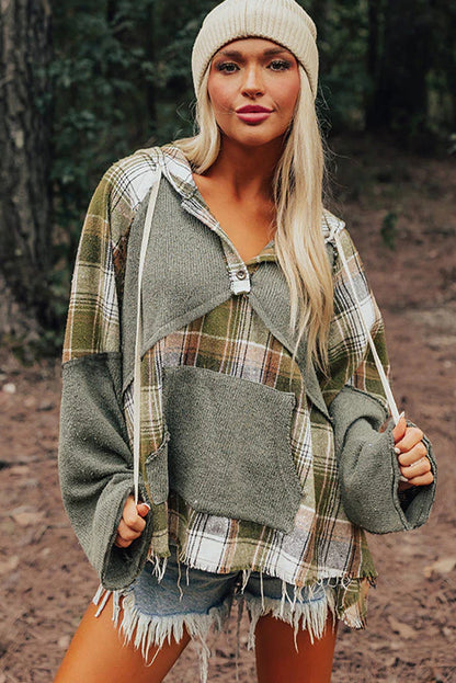 Green Plaid Patchwork Distressed Raw Hi Low Hem Kangaroo Pocket Hoodie