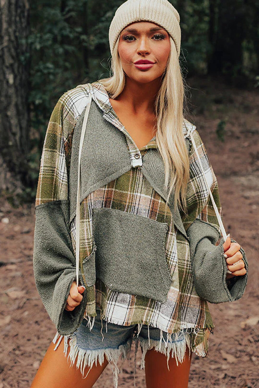 Green Plaid Patchwork Distressed Raw Hi Low Hem Kangaroo Pocket Hoodie