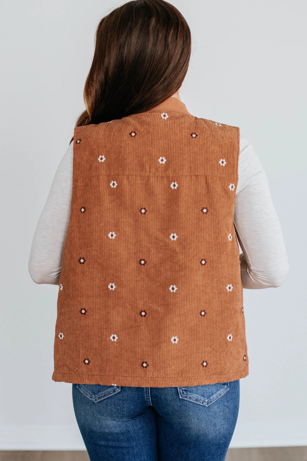 Gold Flame Corduroy Flower Embroidered Zipped Vest