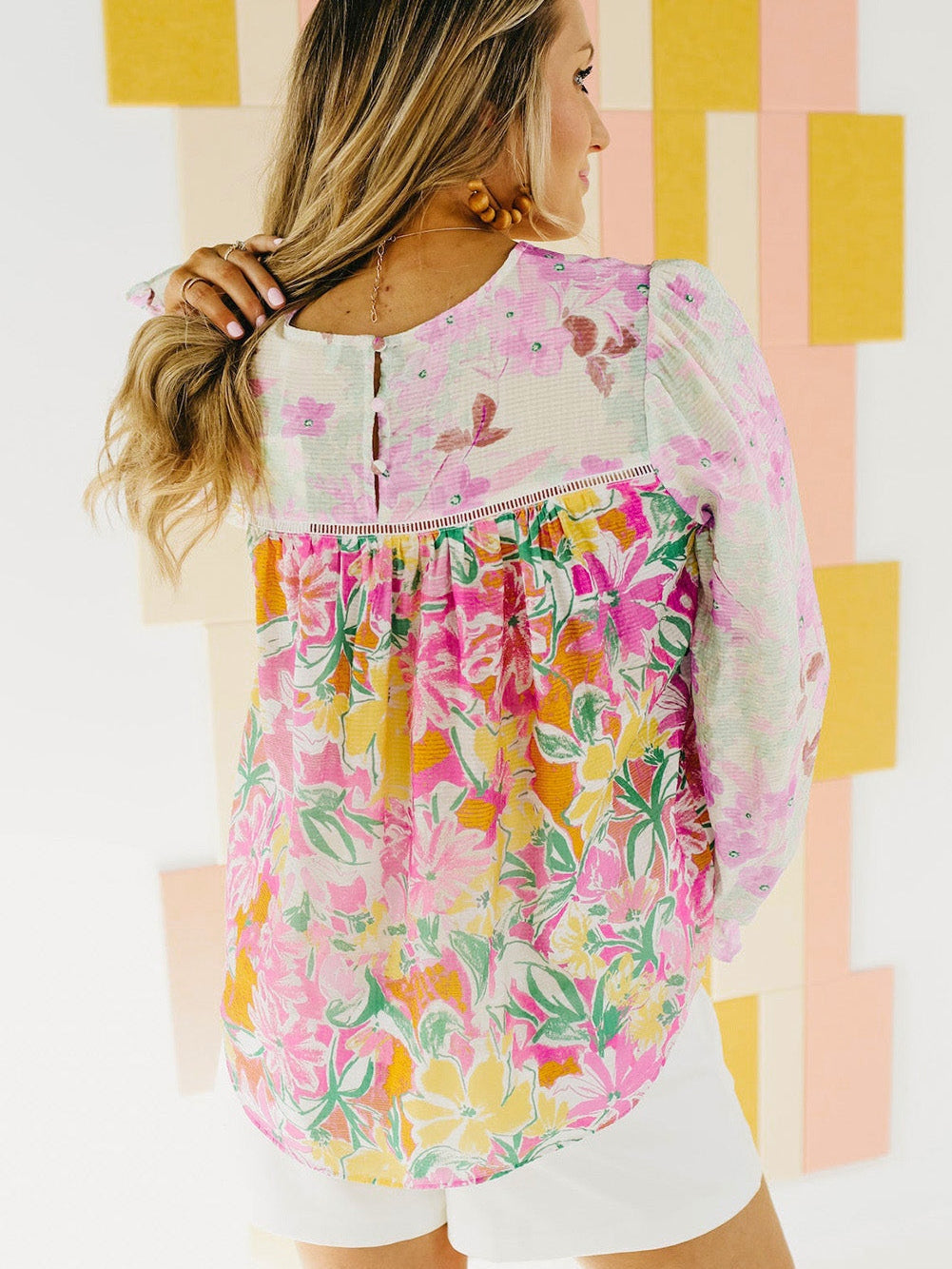 Elegant Purple Floral Lace Trim Shift Blouse