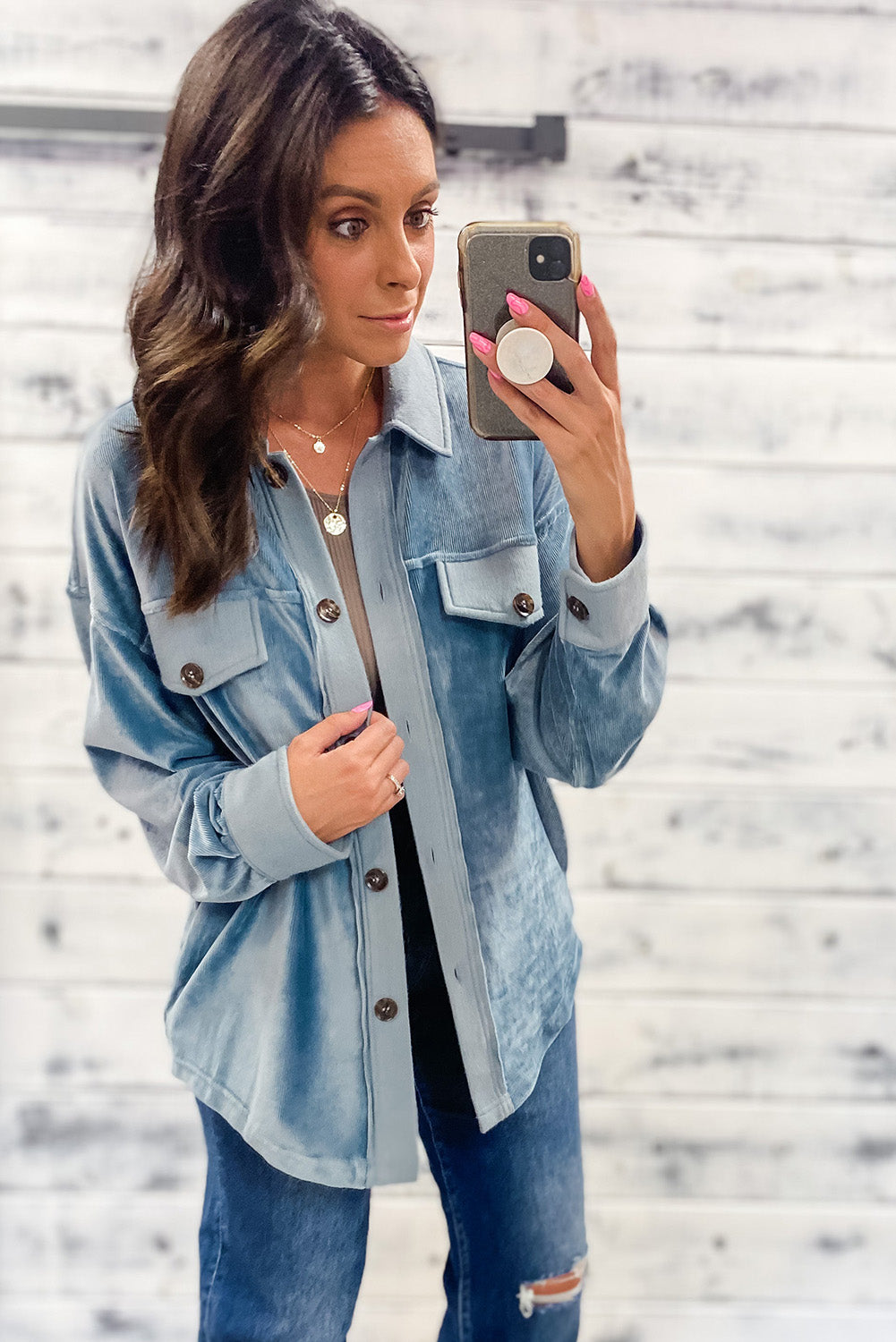 Dusk Blue Velvet Flap Pockets Drop Shoulder Casual Shacket