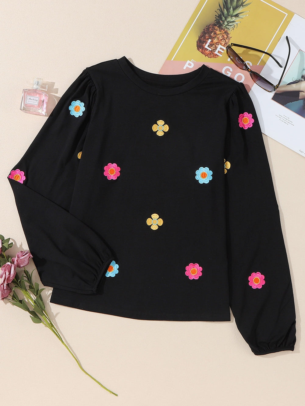Elegant Black Floral Embroidered Blouse with Puff Sleeves