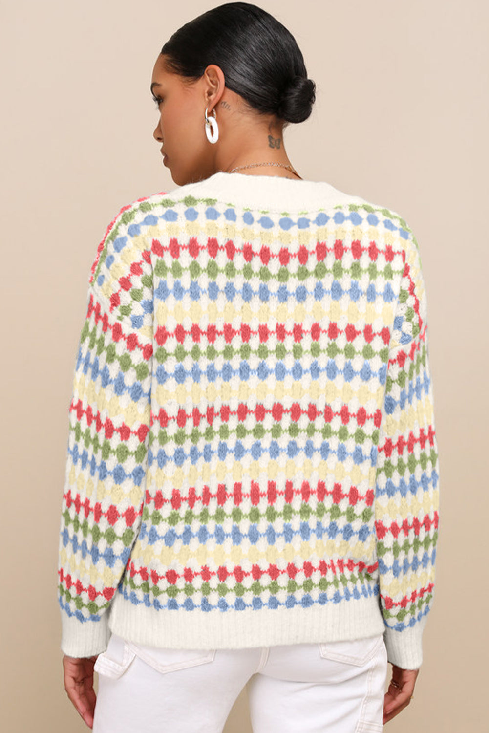 White Dotty Pattern Knit Button Front V Neck Sweater Cardigan