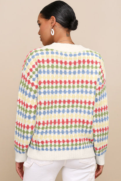 White Dotty Pattern Knit Button Front V Neck Sweater Cardigan