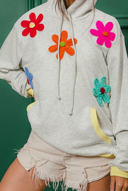 Light Grey Flower Patched Contrast Trim Pullover Hoodie