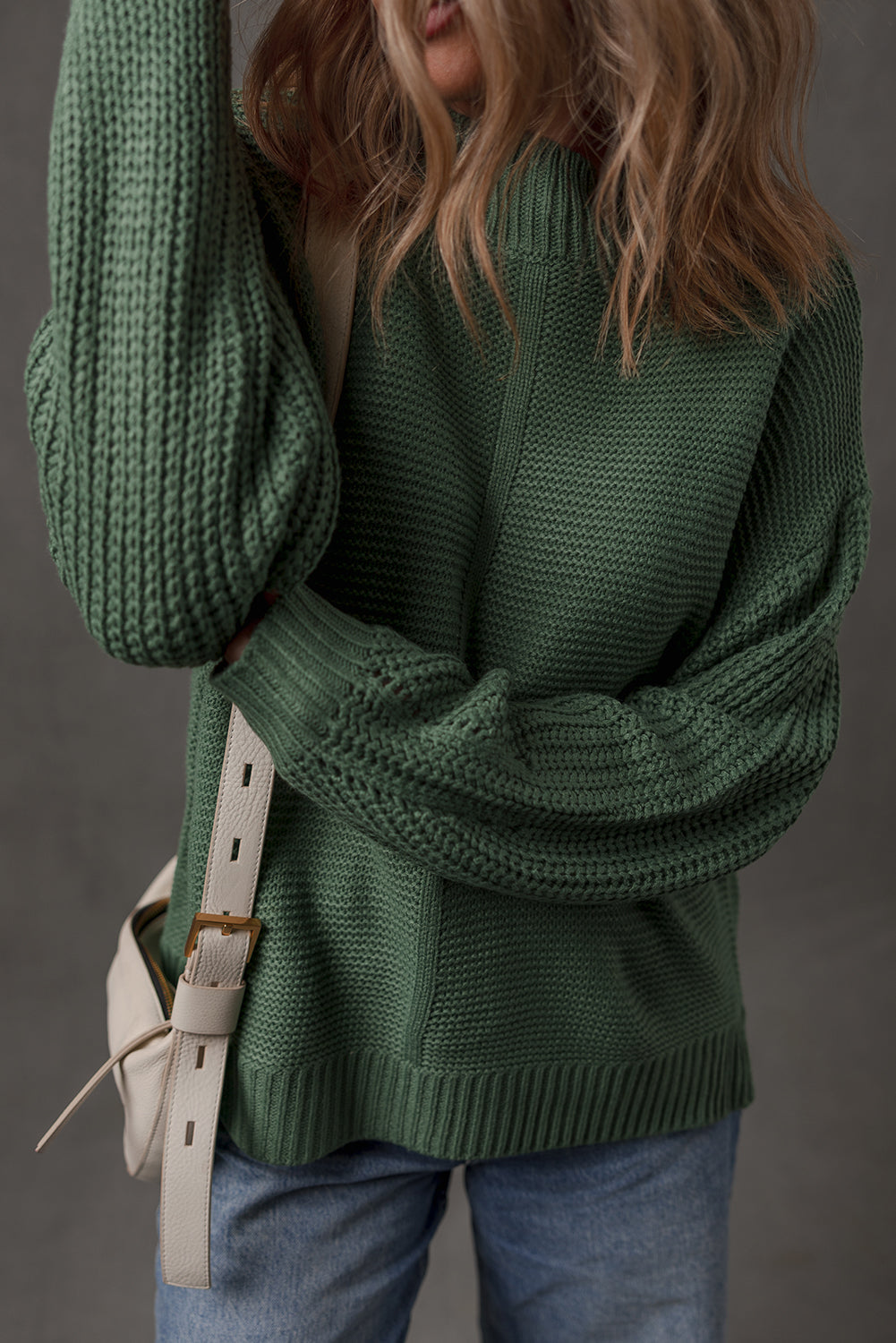 Mist Green Solid Color Front Seam Drop Shoulder Loose Sweater