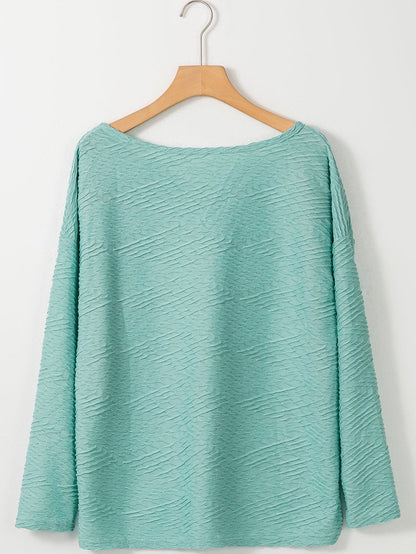 Green Textured V-Neck Casual Long Sleeve Blouse