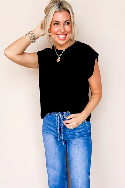 Black Solid Color Knit Cap Sleeve Sweater