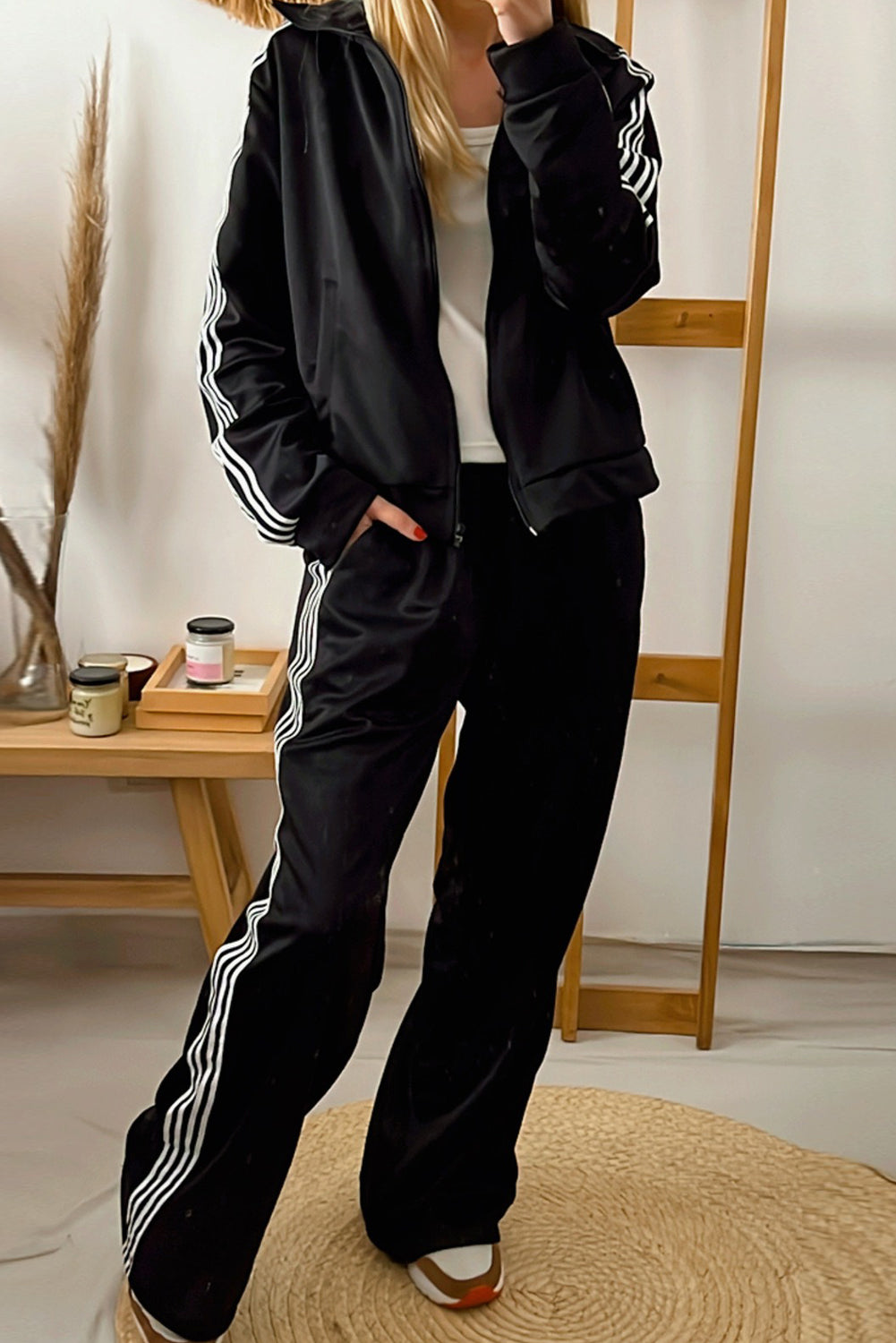 Black Varsity Striped Detail Jacket and Loose Pants 2pcs Tracksuit