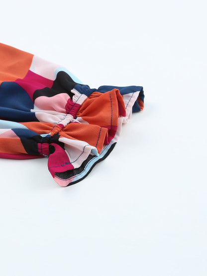 Glowing Abstract Pattern Ruffled Sleeve Crewneck Blouse