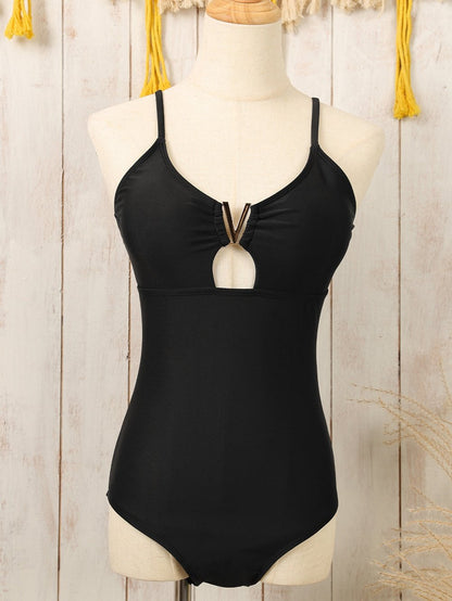 Elegant Black Metal Embellished One-Piece Swimsuit with Spaghetti Straps