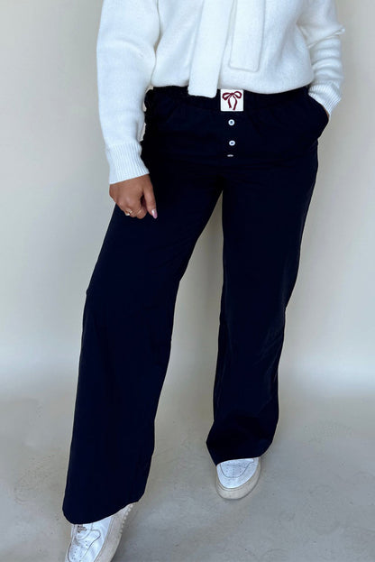 Black Bow Tab Elastic Waist Button Detail Loose Pants