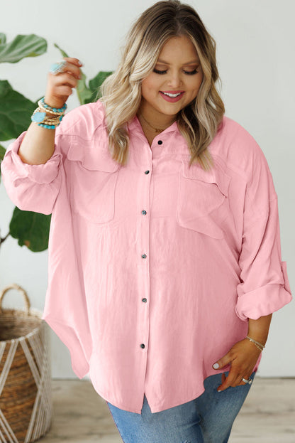 Rose Pink Roll-Tab Sleeve Plus Size Button-Up Shirt