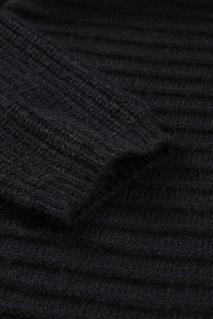 Black Ribbed Knit Hooded Cardigan for Stylish Autumn Layering