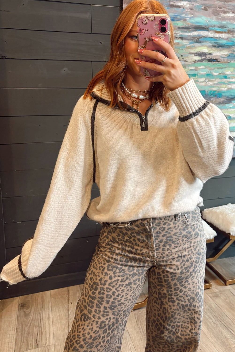 White Contrast Trim Ribbed Detail Quarter Zip Baggy Sweater