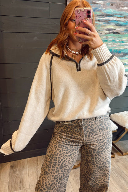 White Contrast Trim Ribbed Detail Quarter Zip Baggy Sweater