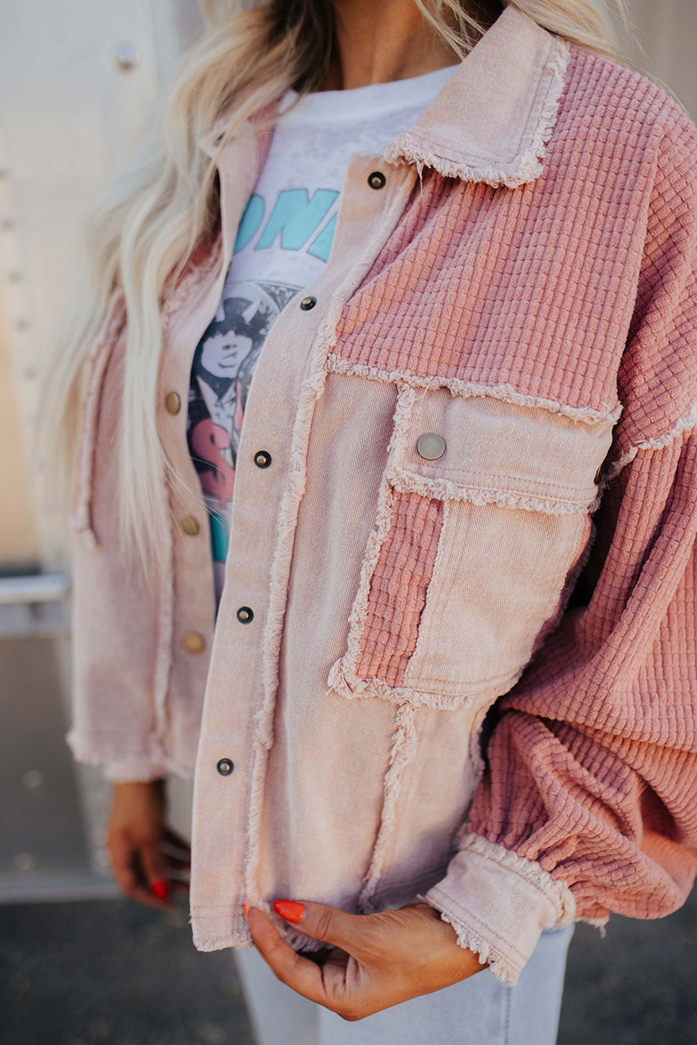 Delicacy Frayed Trim Textured Color Block Patchwork Raw Hem Jacket