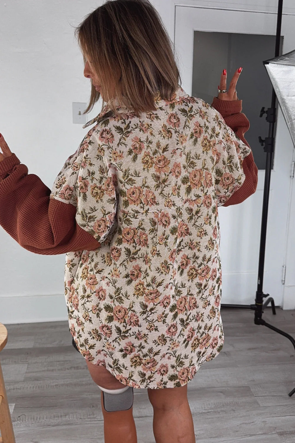 Clay Waffle Sleeve Pocket Contrast Patchwork Floral Print Oversize Shacket