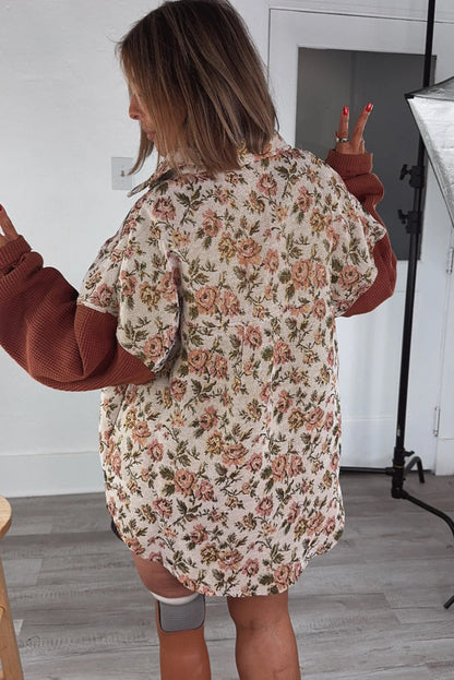 Clay Waffle Sleeve Pocket Contrast Patchwork Floral Print Oversize Shacket