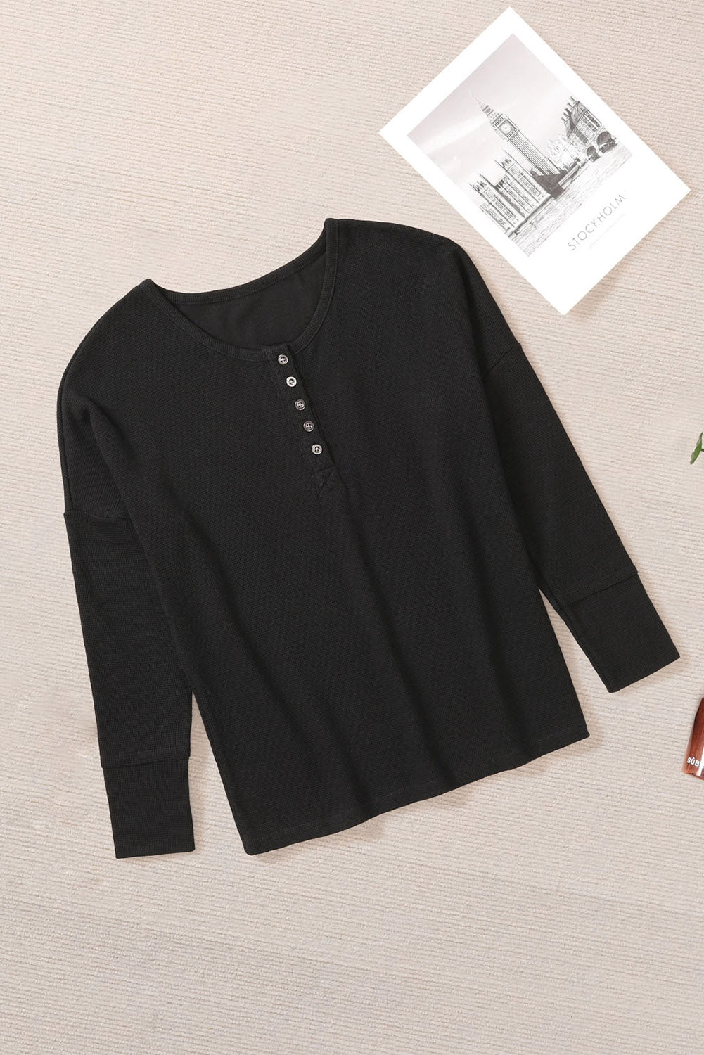 Elegant Black Waffle Knit Henley Top with Button Front
