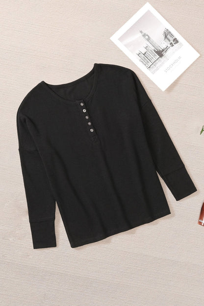 Elegant Black Waffle Knit Henley Top with Button Front