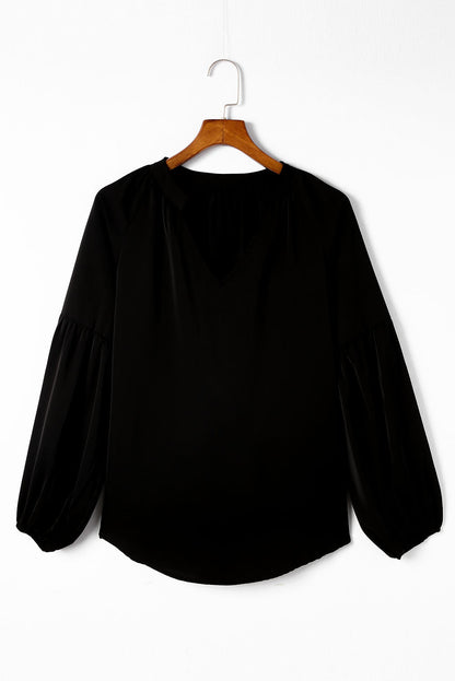 Black Fiery V Neck Long Puff Sleeve Top