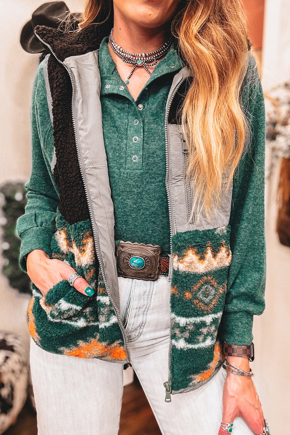 Dark Green Heather Color Raglan Sleeve Henley Top