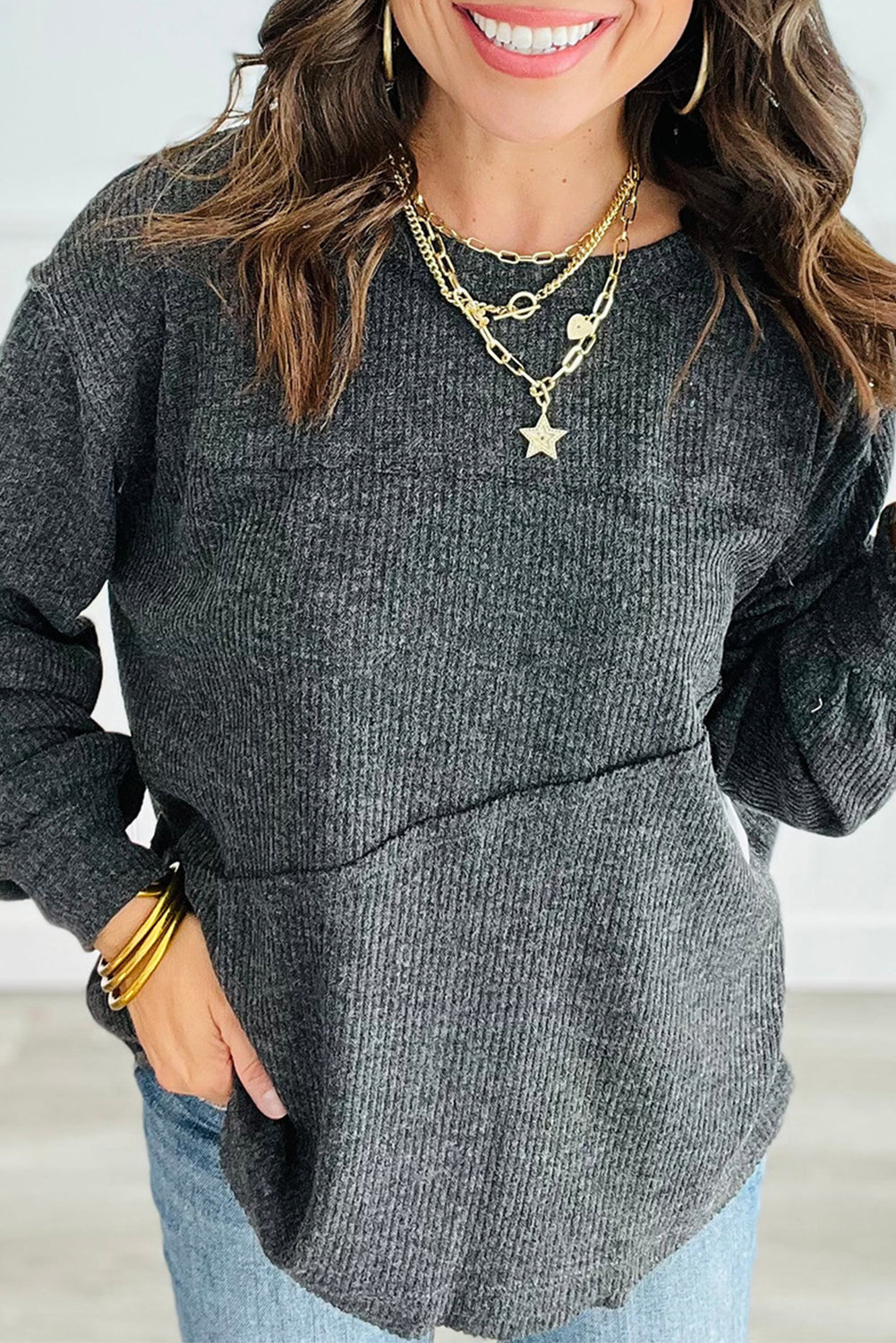 Dark Grey Solid Color Ribbed Knit Exposed Seam Patchwork Long Sleeve Top