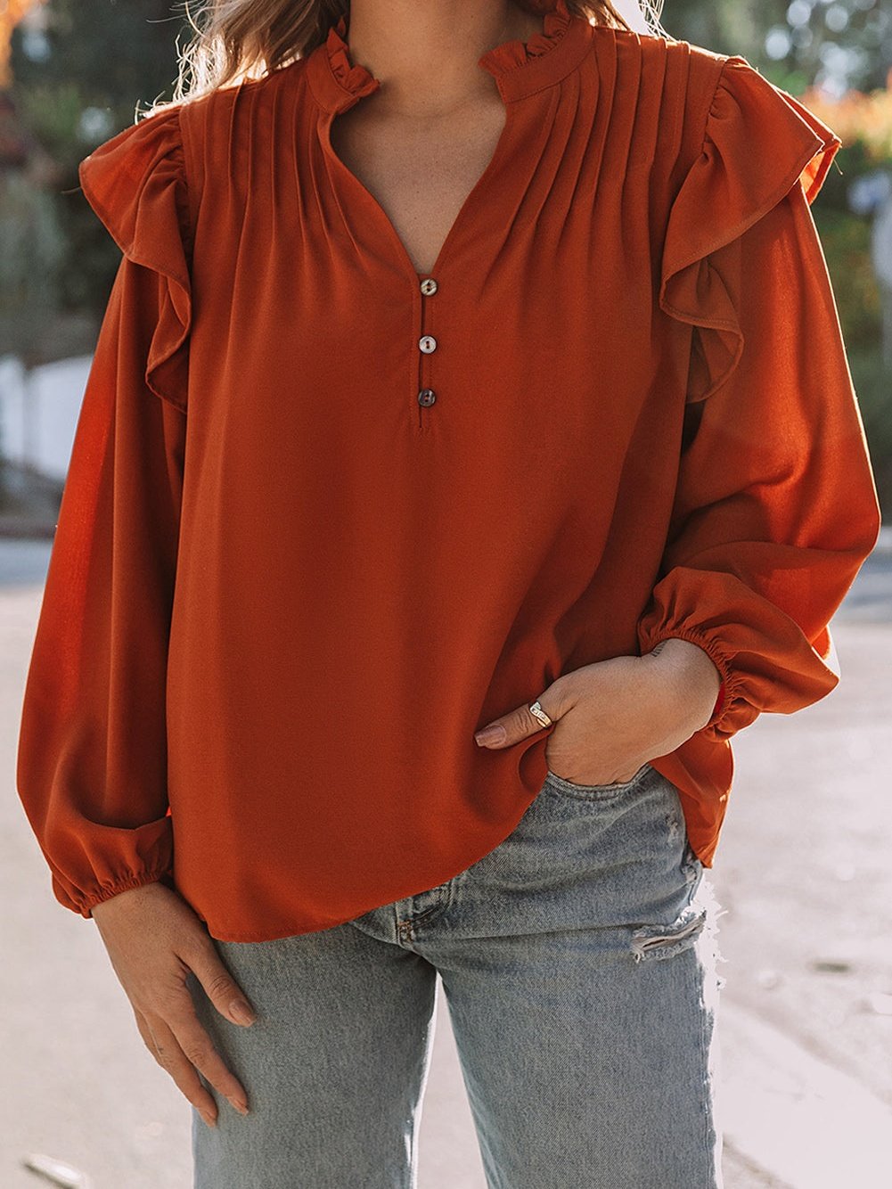 Elegant Brown V-Neck Ruffle Pleated Blouse