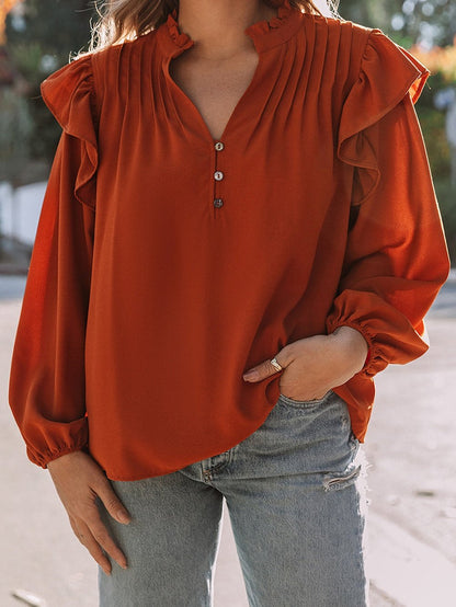 Elegant Brown V-Neck Ruffle Pleated Blouse