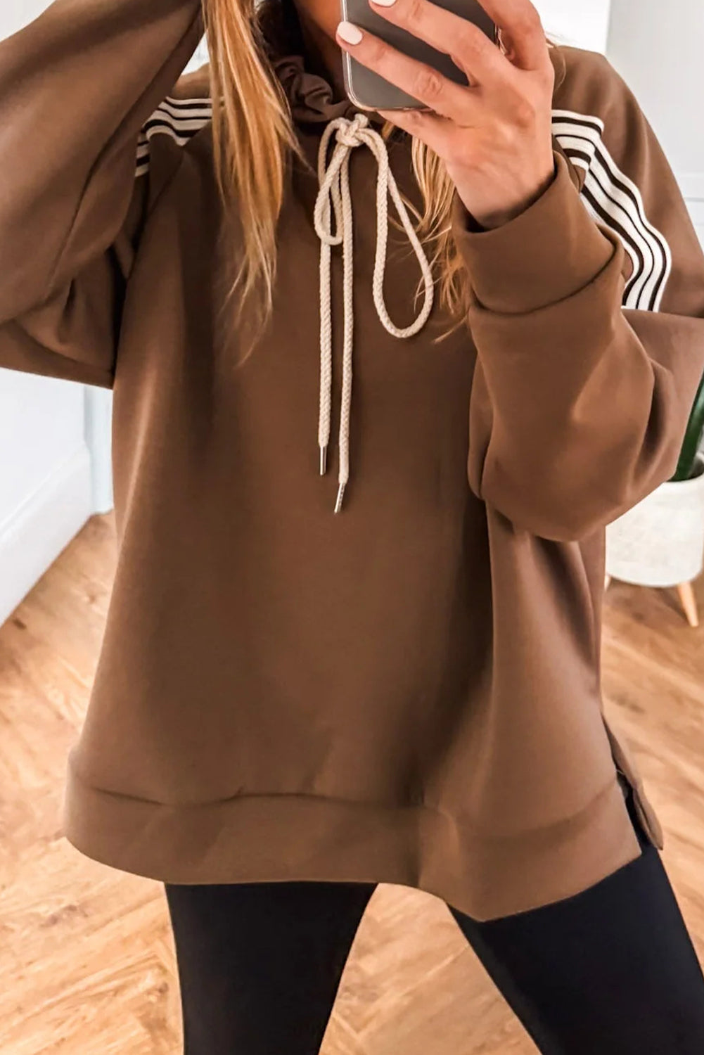 Chestnut Preppy Striped Detail Drawstring Baggy Hoodie